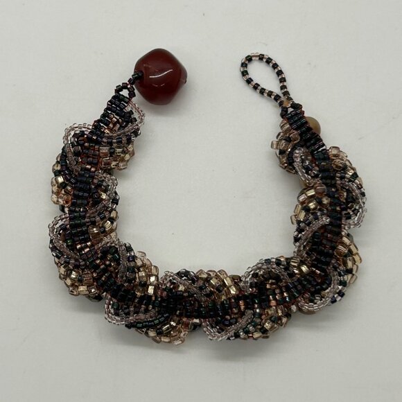 Vintage Woven Beaded Bracelet With Freshwater Pearls & Carnelian Bead Accent - Picture 9 of 14